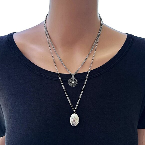 Silver Multi-Layer Chain Necklace With Locket Pendant & Crystal Accent - Picture 2 of 3